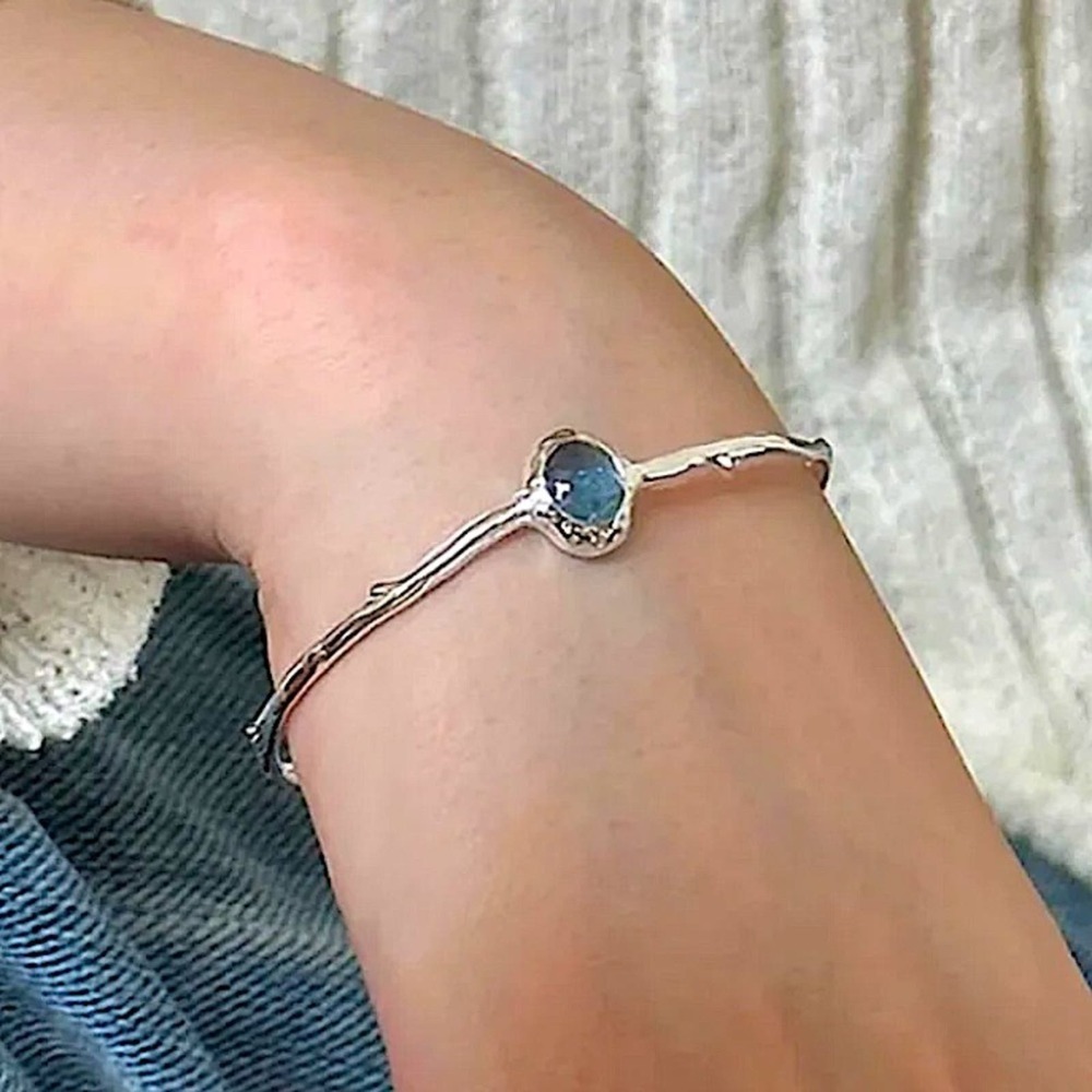 Sterling Silver Aquamarine Bangle Bracelet, Cuff, Blue Topaz, Minimalist - Picture 4 of 7